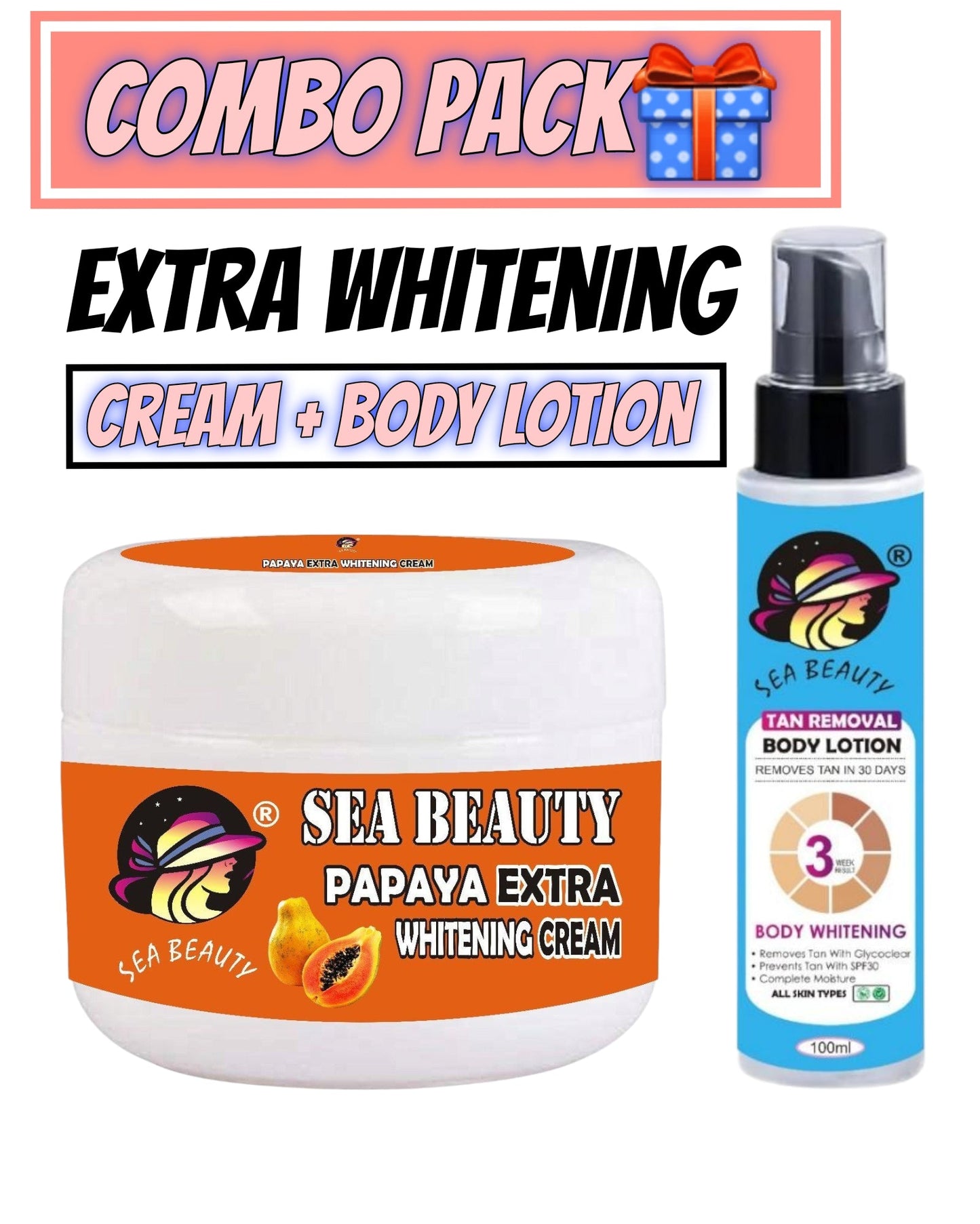 Sea beauty papaya whitening cream and whitening body lotion combo ✅