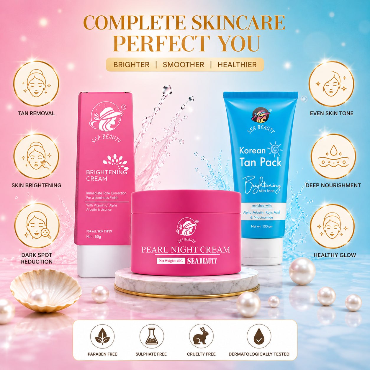 SEA BEAUTY COMBO OF 3PS  BRIGHTENING CREAM + NIGHT CREAM + KOREAN TAN PACK